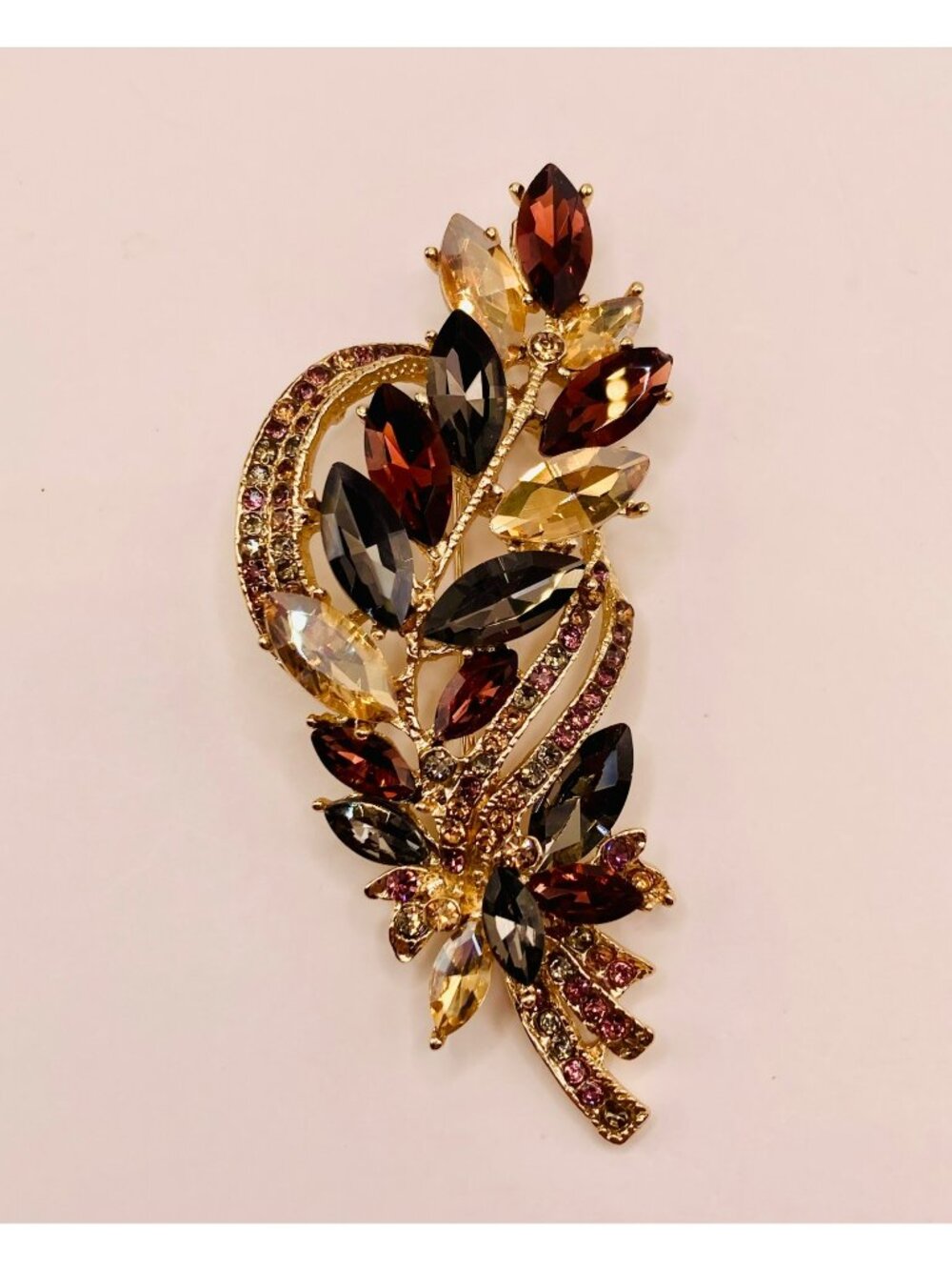 Gold-Tone Floral Brooch Multi-Color Rhinestones Elegant Leaf Design -112B